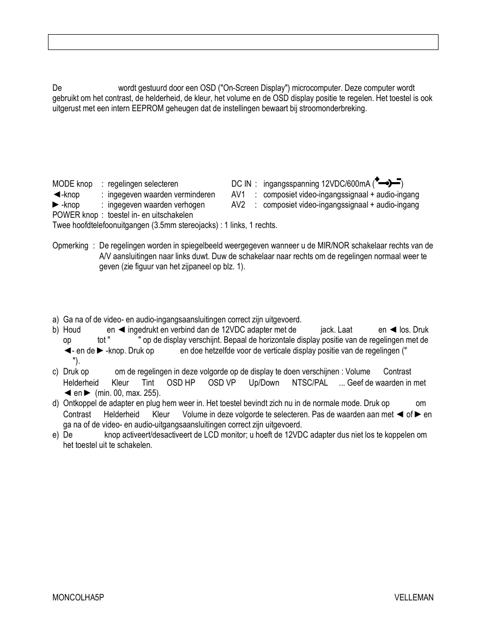 Moncolha5p " tft lcd beeldscherm ------ nederlands | Velleman MONCOLHA5P-C User Manual | Page 3 / 7
