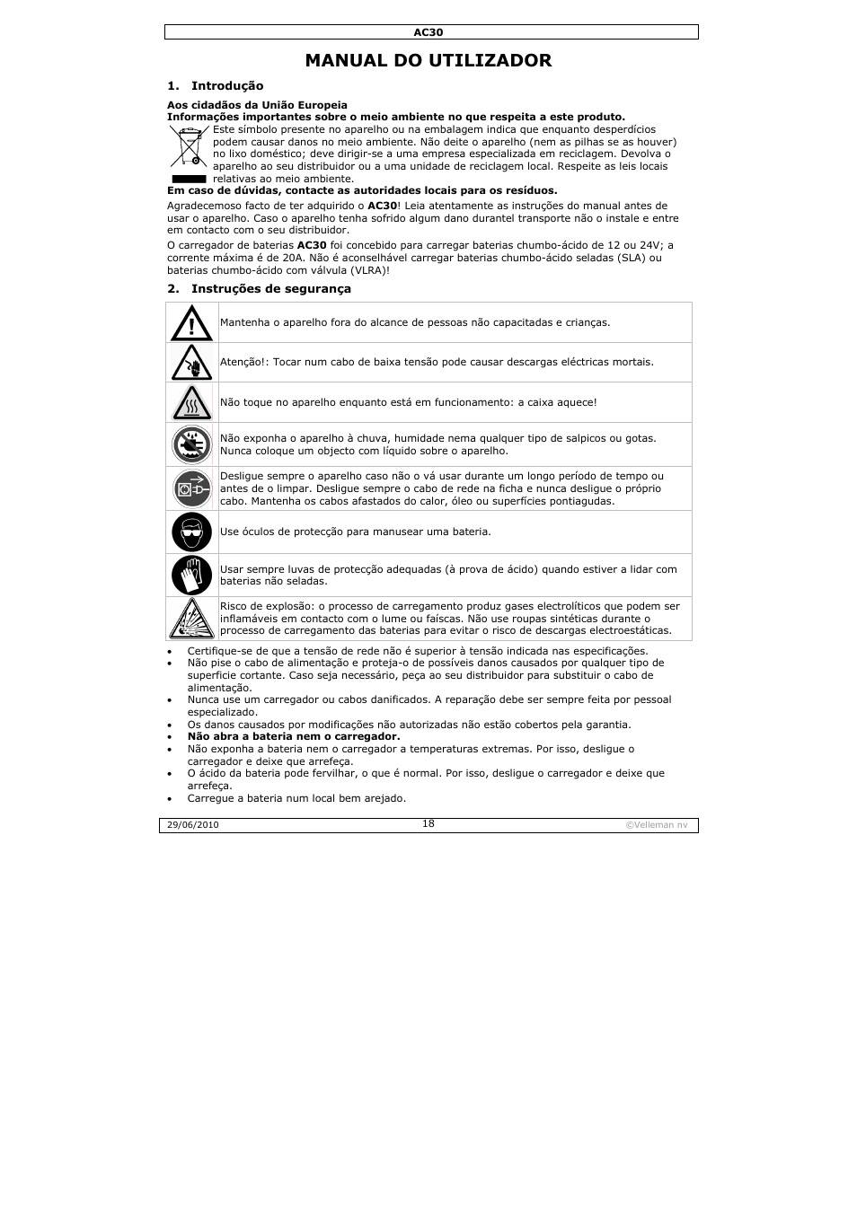 Manual do utilizador | Velleman AC30 User Manual | Page 18 / 23