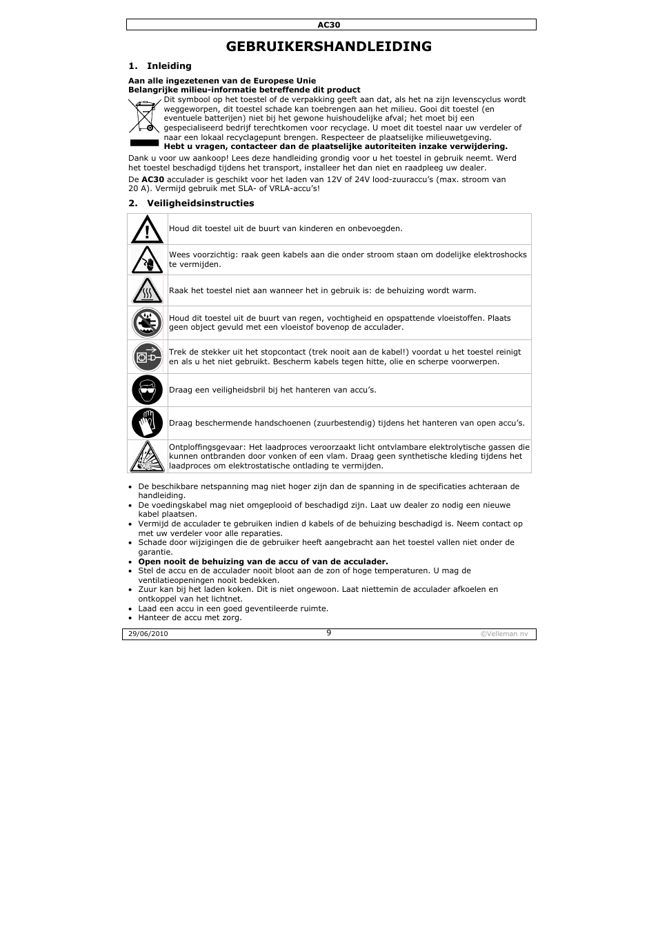 Gebruikershandleiding | Velleman AC30 User Manual | Page 9 / 23