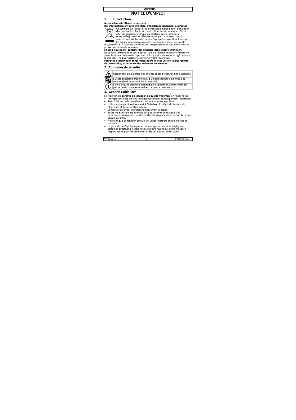 Notice d, Emploi | Velleman MONT-HP User Manual | Page 8 / 19