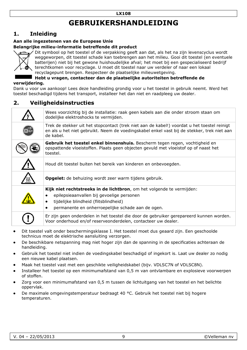 Gebruikershandleiding, Inleiding, Veiligheidsinstructies | Velleman LX108 User Manual | Page 9 / 37