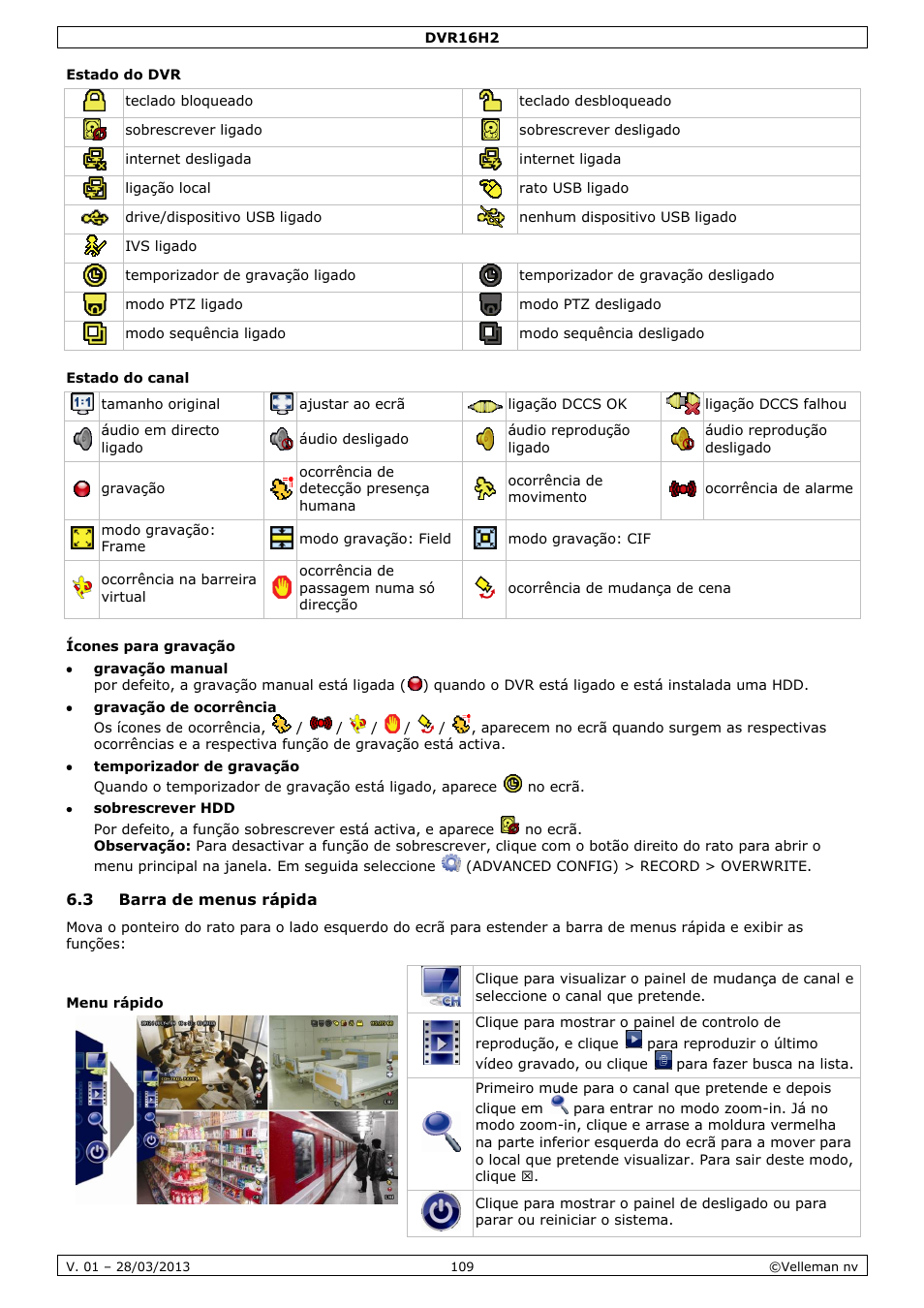 Estado do dvr, Estado do canal, Ícones para gravação | 3 barra de menus rápida | Velleman DVR16H2 User Manual | Page 109 / 128