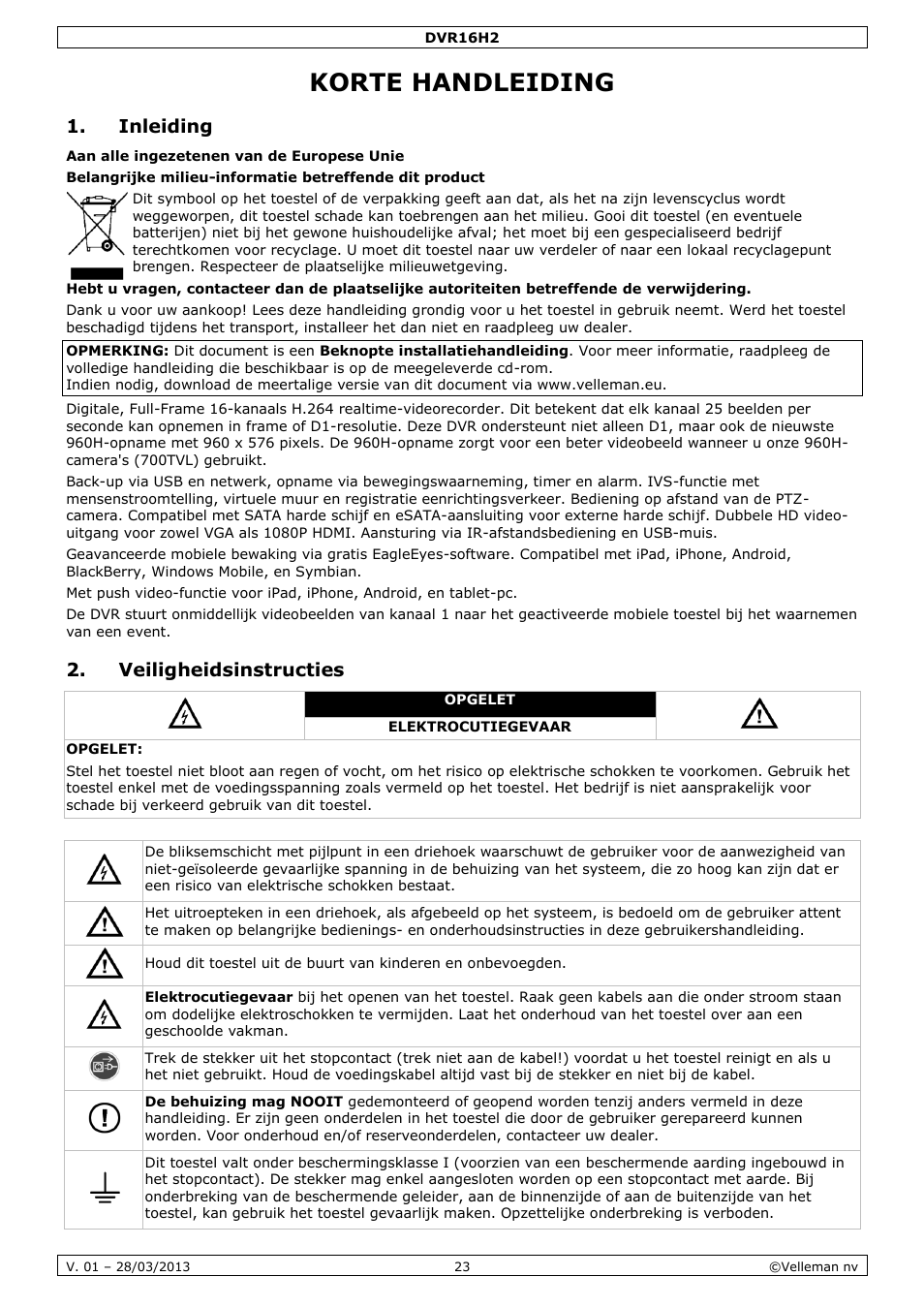 Korte handleiding, Inleiding, Veiligheidsinstructies | Velleman DVR16H2 User Manual | Page 23 / 128