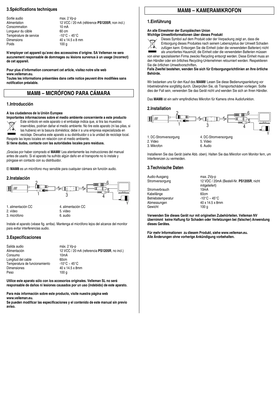 Mam8 – micrófono para cámara, Mam8 – kameramikrofon | Velleman MAM8 User Manual | Page 2 / 2