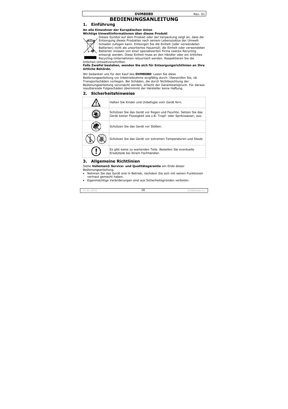 Bedie, Enungsa, Nleitung | Velleman DVM8080 User Manual | Page 16 / 22