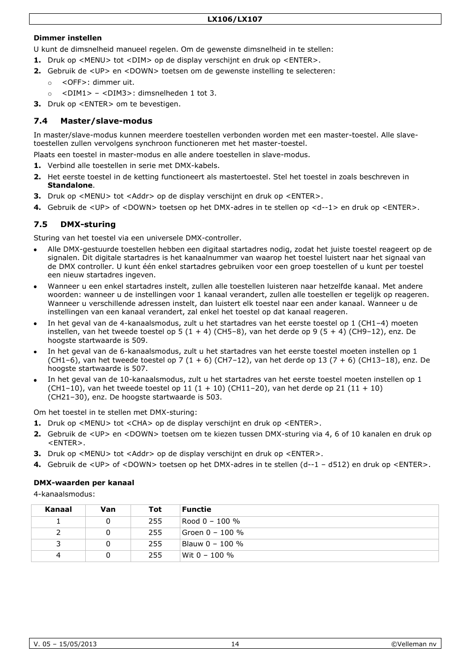 Dimmer instellen, 4 master/slave-modus, 5 dmx-sturing | Dmx-waarden per kanaal | Velleman LX106 User Manual | Page 14 / 38