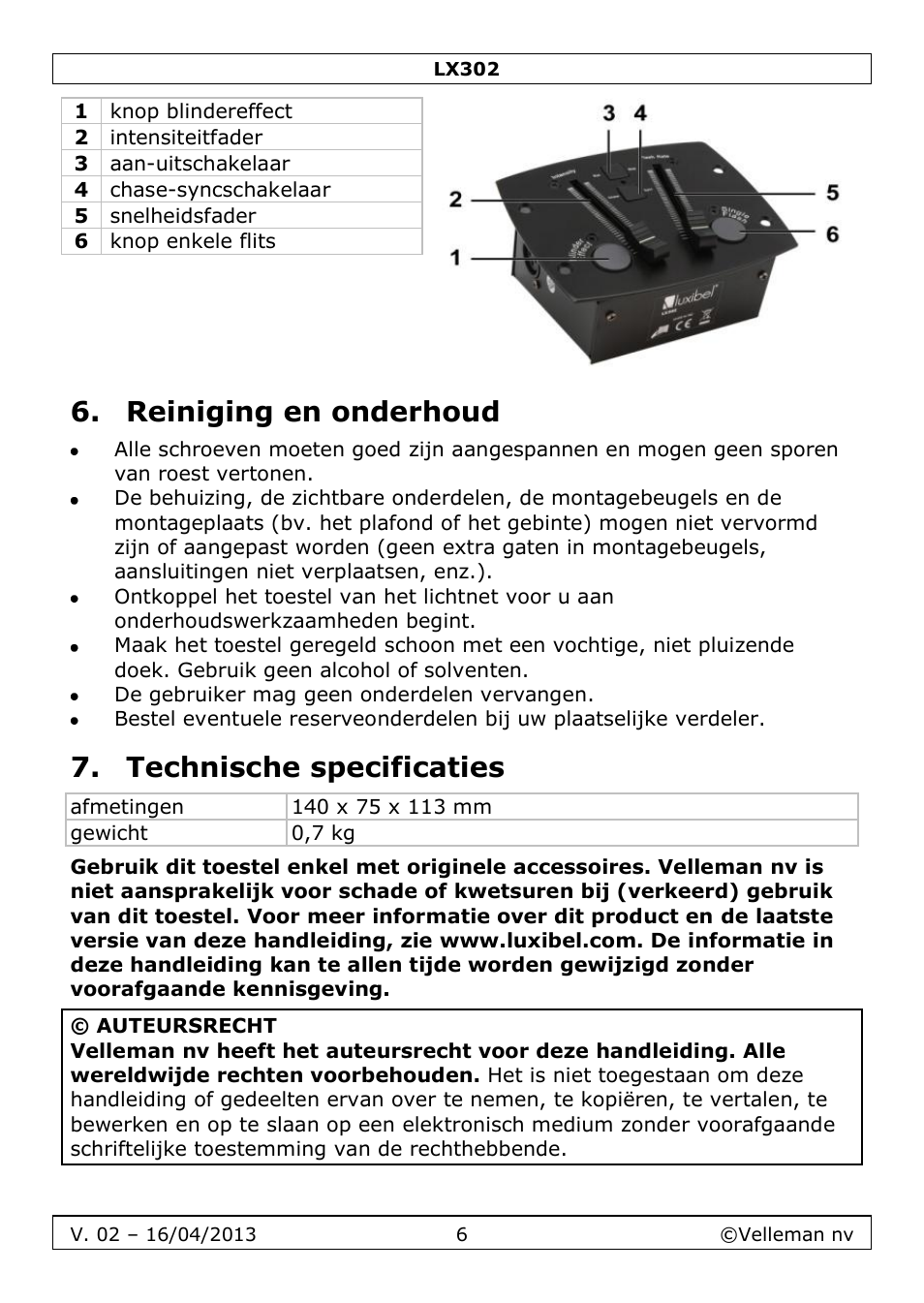 Reiniging en onderhoud, Technische specificaties | Velleman LX302 User Manual | Page 6 / 16