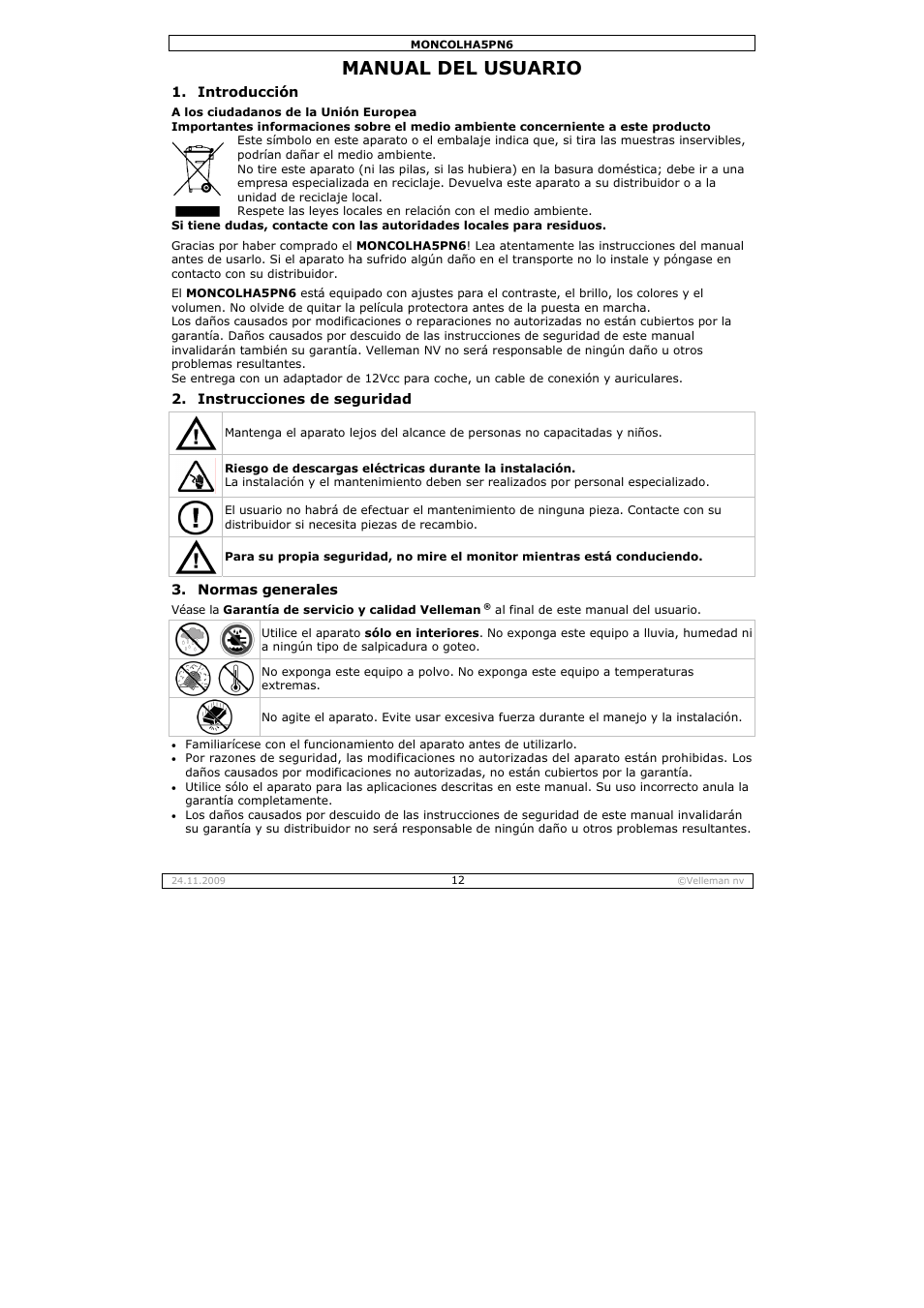 Manual del usuario | Velleman MONCOLHA5PN6 User Manual | Page 12 / 19