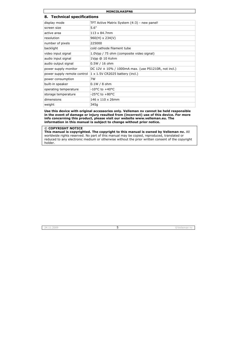 Velleman MONCOLHA5PN6 User Manual | Page 5 / 19
