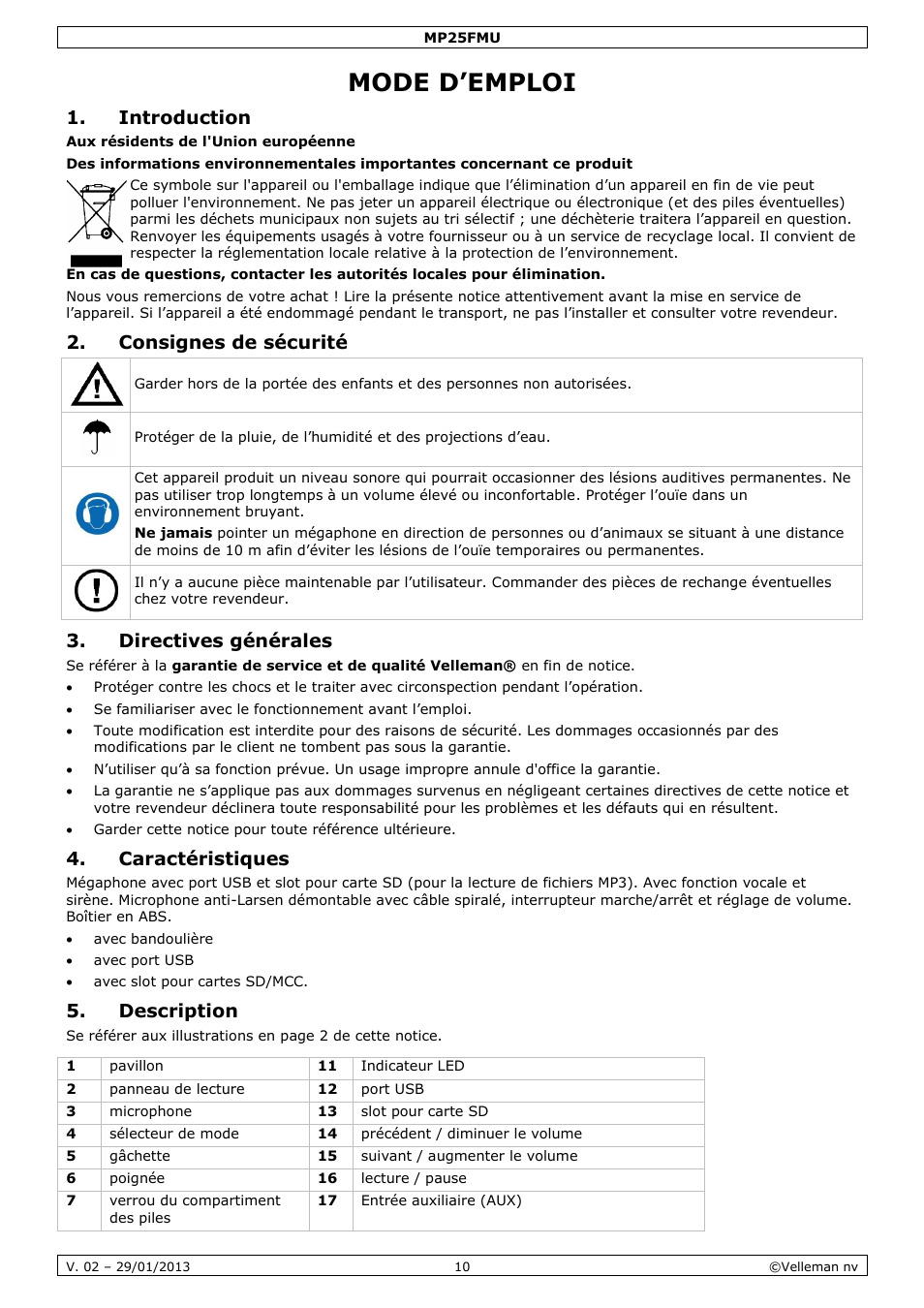 Mode d’emploi, Introduction, Consignes de sécurité | Directives générales, Caractéristiques, Description | Velleman MP25FMU User Manual | Page 10 / 20
