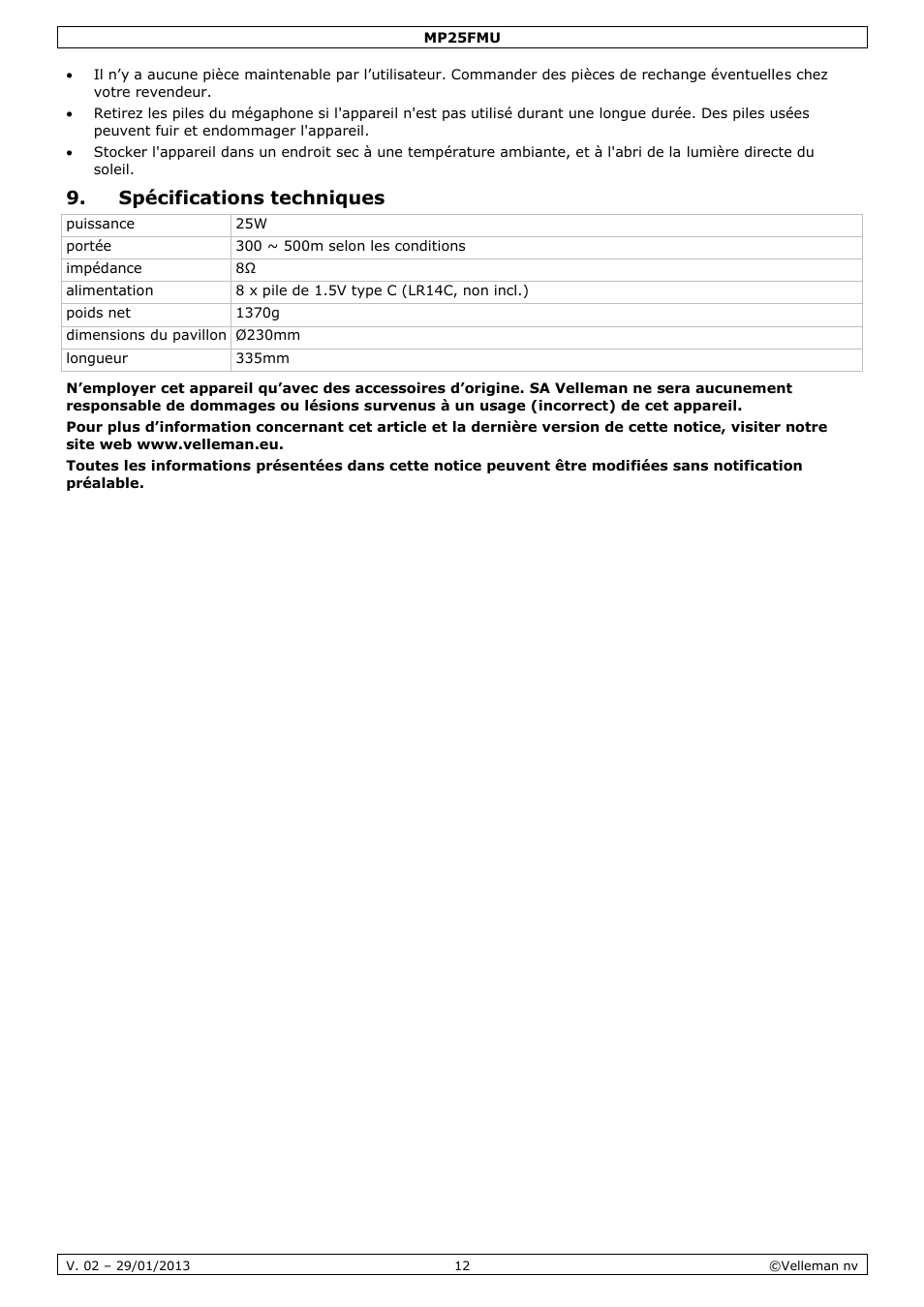 Spécifications techniques | Velleman MP25FMU User Manual | Page 12 / 20