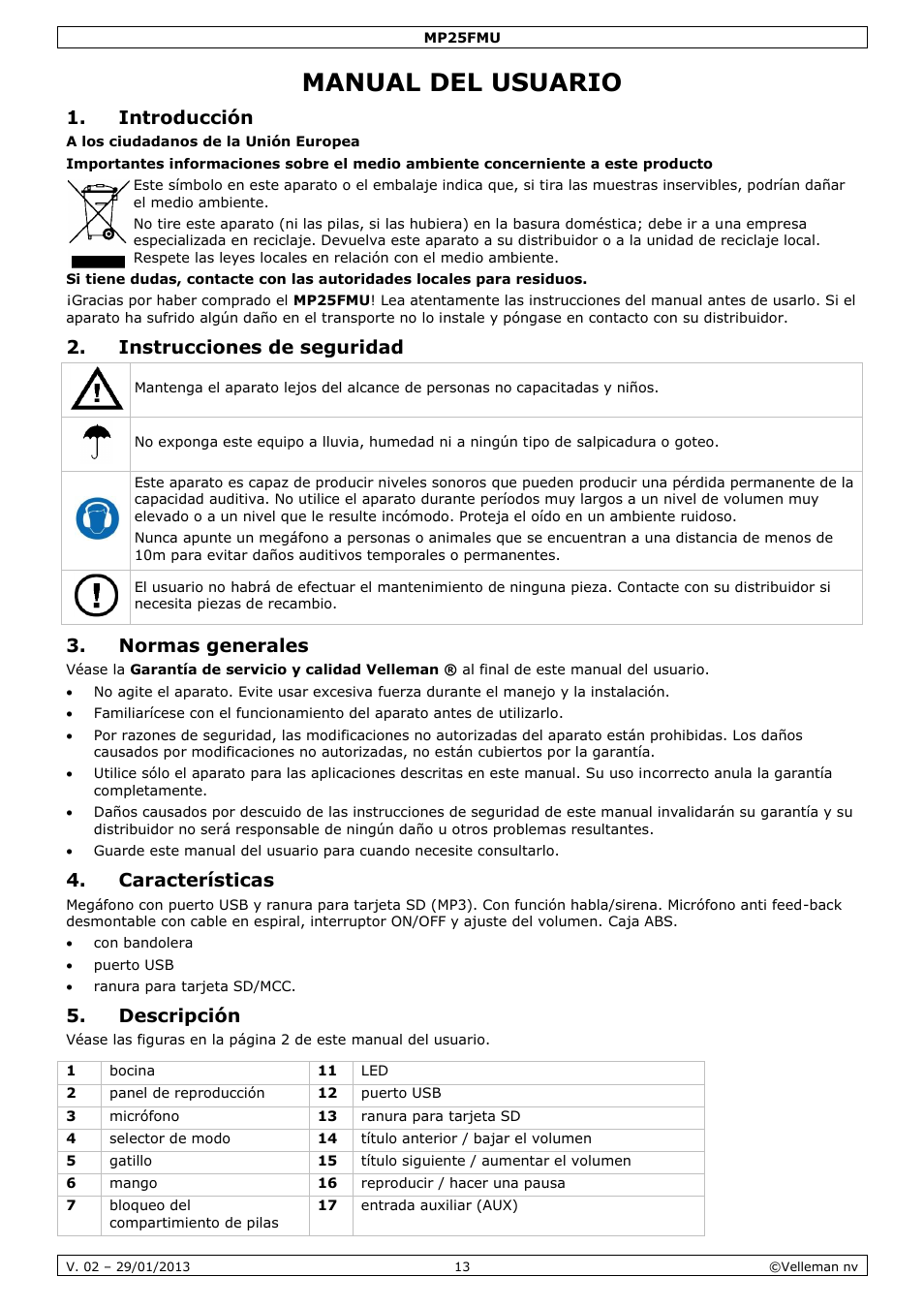 Manual del usuario, Introducción, Instrucciones de seguridad | Normas generales, Características, Descripción | Velleman MP25FMU User Manual | Page 13 / 20