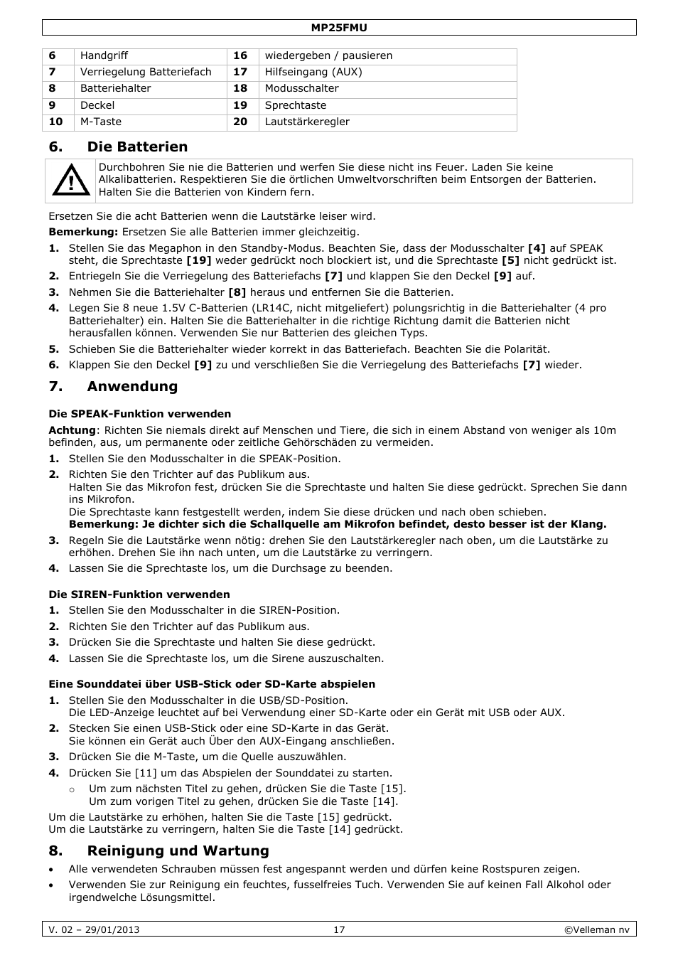 Die batterien, Anwendung, Reinigung und wartung | Velleman MP25FMU User Manual | Page 17 / 20