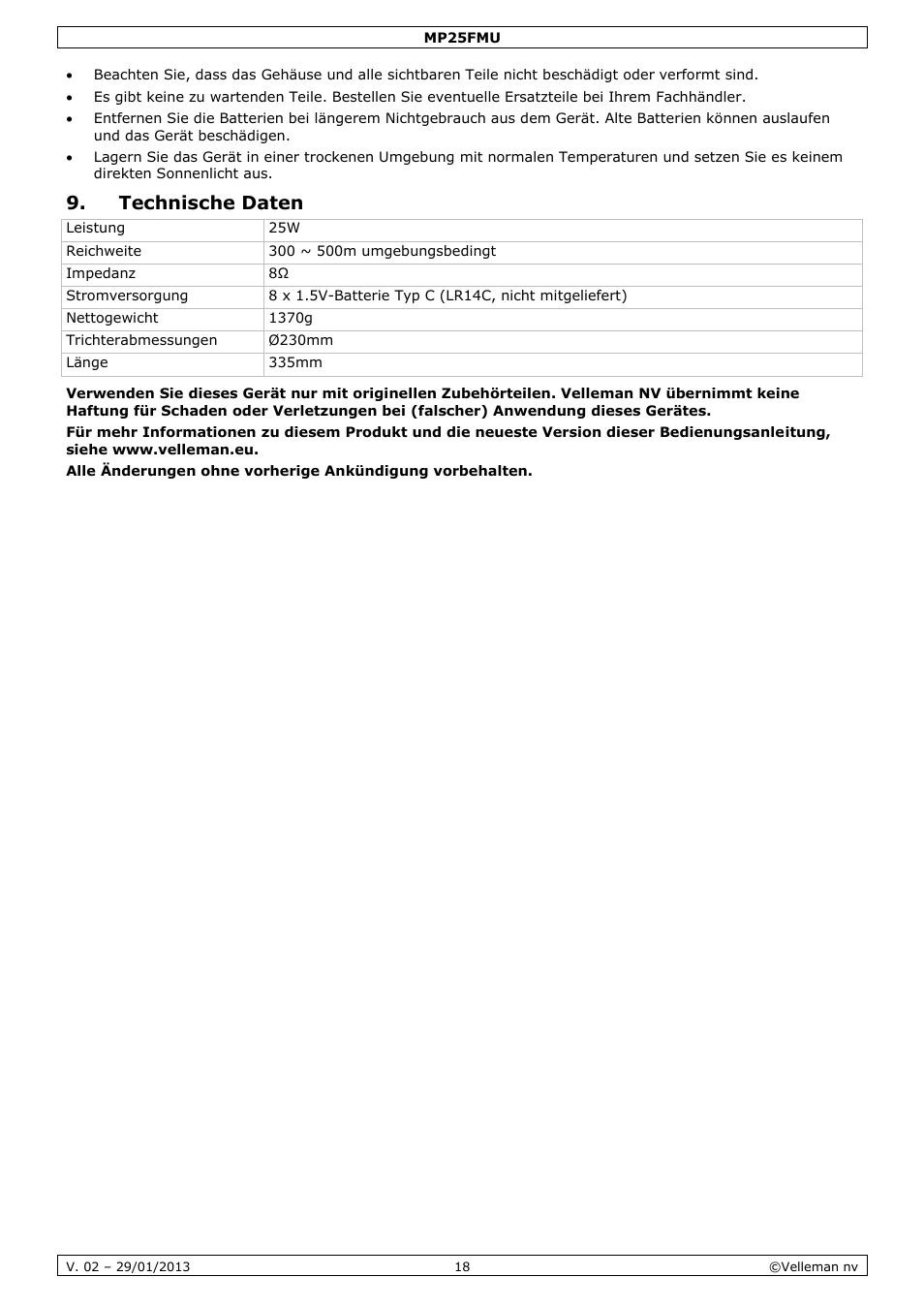 Technische daten | Velleman MP25FMU User Manual | Page 18 / 20