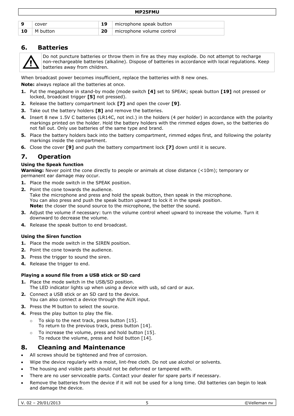 Batteries, Operation, Cleaning and maintenance | Velleman MP25FMU User Manual | Page 5 / 20