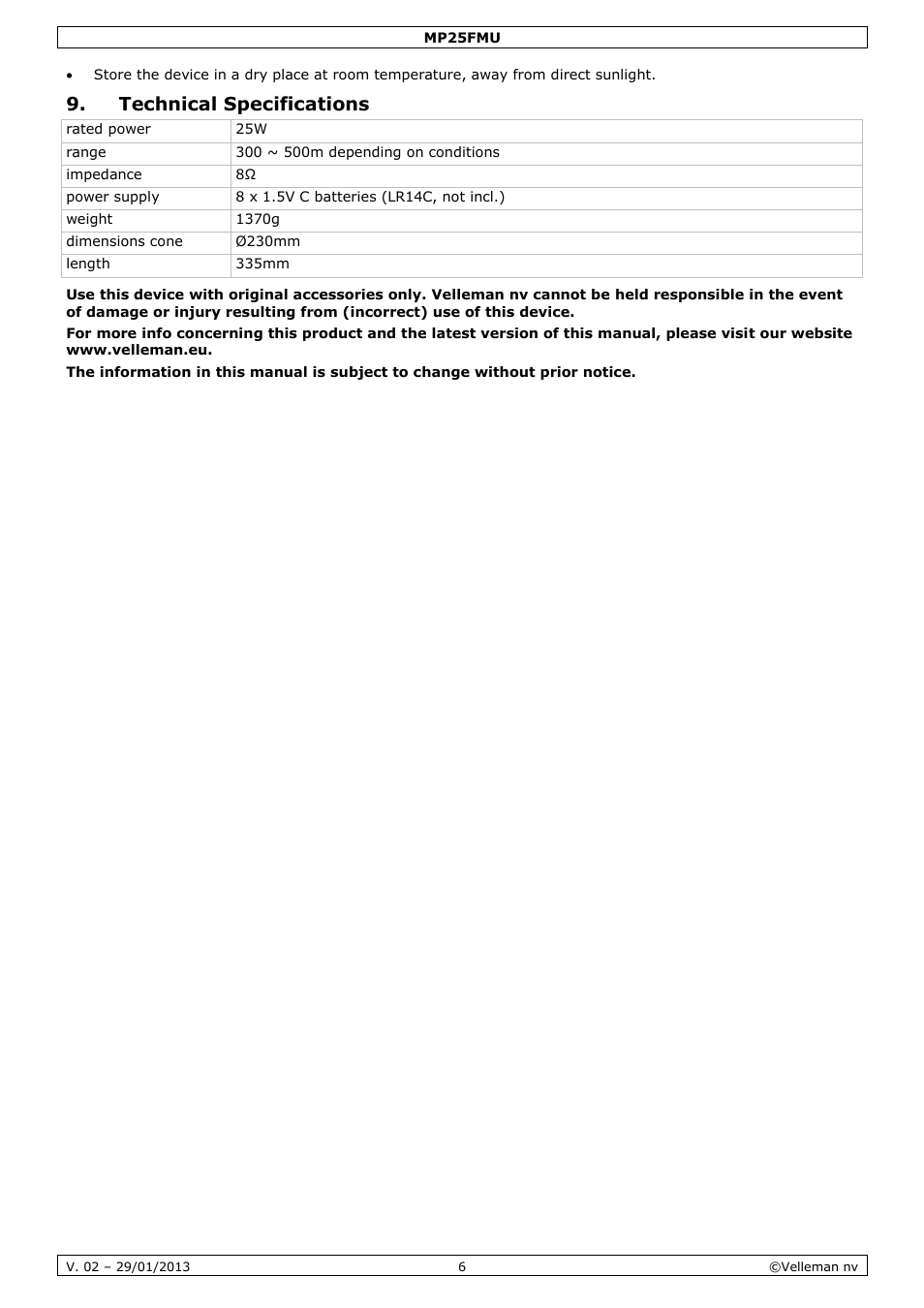 Technical specifications | Velleman MP25FMU User Manual | Page 6 / 20
