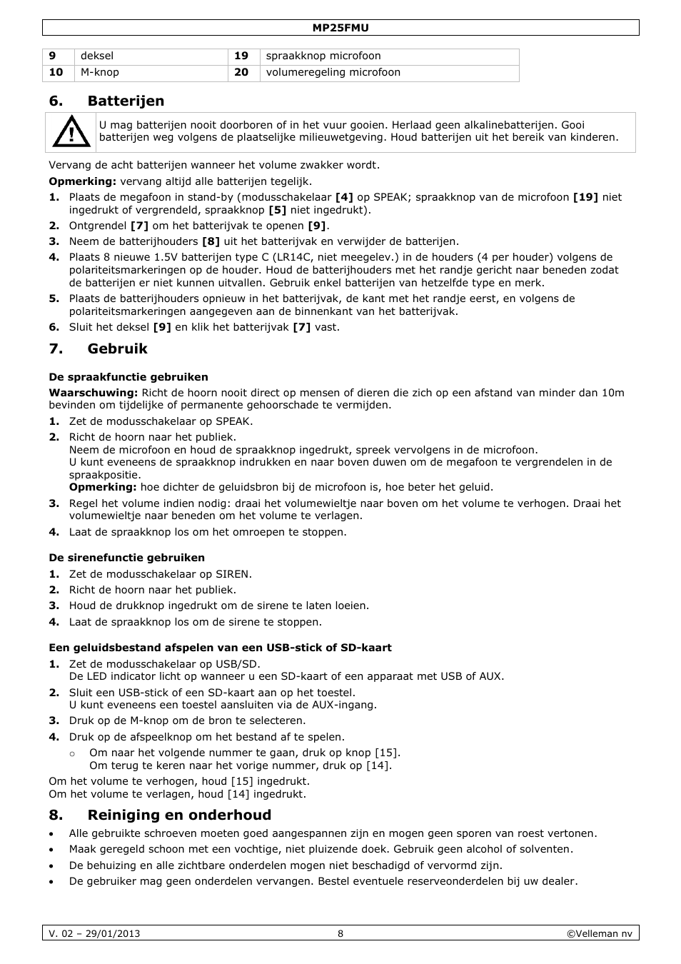 Batterijen, Gebruik, Reiniging en onderhoud | Velleman MP25FMU User Manual | Page 8 / 20