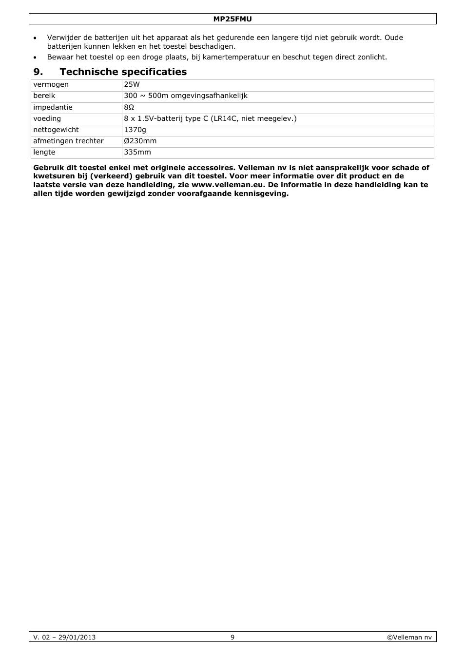 Technische specificaties | Velleman MP25FMU User Manual | Page 9 / 20