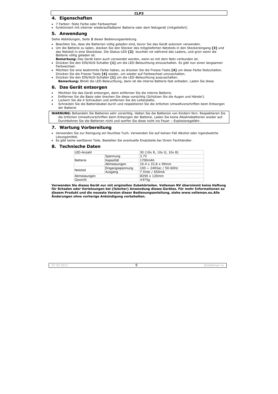 Eigenschaften, Anwendung, Das gerät entsorgen | Wartung vorbereitung, Technische daten | Velleman CLP3 User Manual | Page 9 / 11