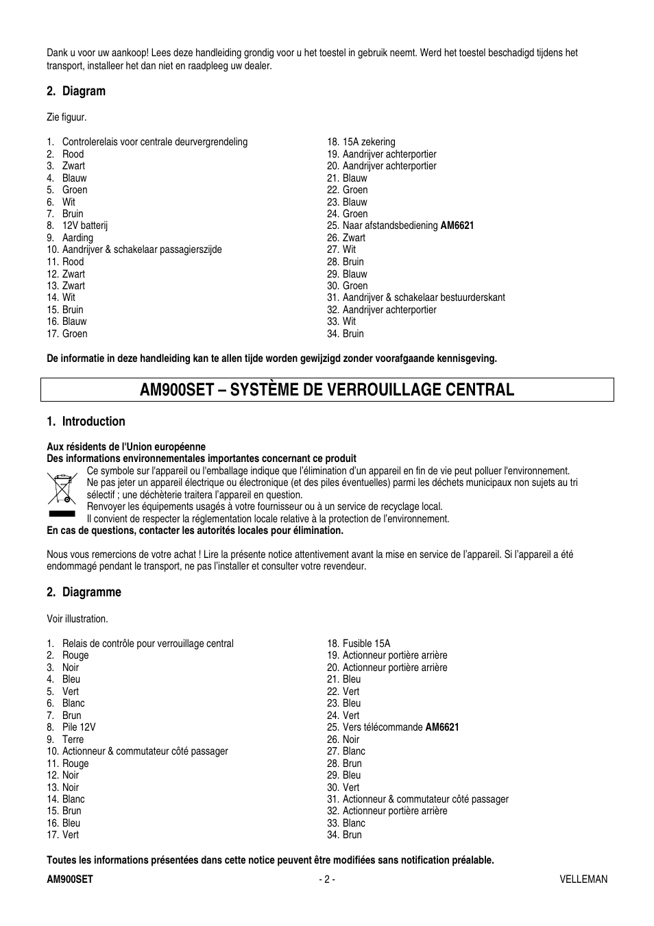 Am900set – système de verrouillage central, Diagram, Introduction | Diagramme | Velleman AM900SET User Manual | Page 2 / 4