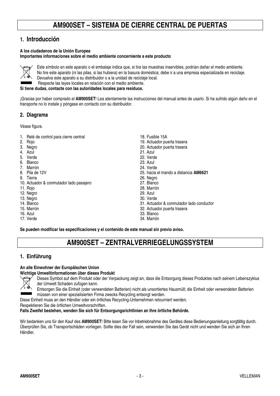 Am900set – sistema de cierre central de puertas, Am900set – zentralverriegelungssystem, Introducción | Velleman AM900SET User Manual | Page 3 / 4