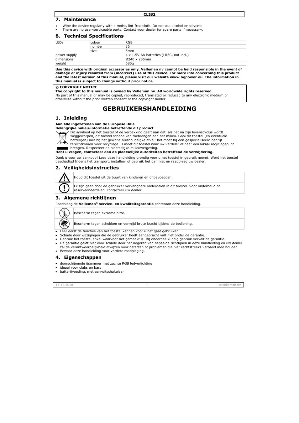 Gebru, Uikersha, Andleid | Ding, Intenance, Chnical spe, Eiding, Iligheidsins, Gemene rich, Genschappe | Velleman CLIB2 User Manual | Page 4 / 11
