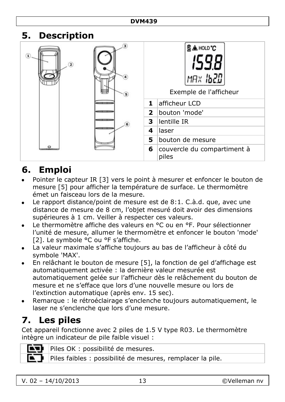 Description, Emploi, Les piles | Velleman DVM439 User Manual | Page 13 / 28
