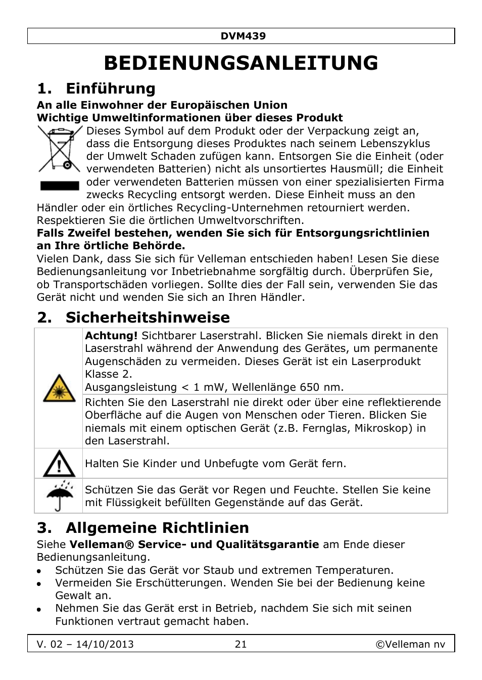 Bedienungsanleitung, Einführung, Sicherheitshinweise | Allgemeine richtlinien | Velleman DVM439 User Manual | Page 21 / 28
