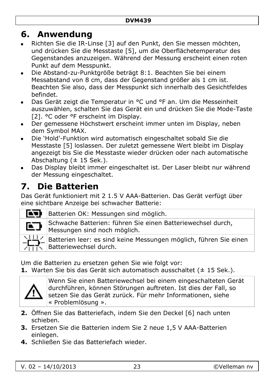 Anwendung, Die batterien | Velleman DVM439 User Manual | Page 23 / 28