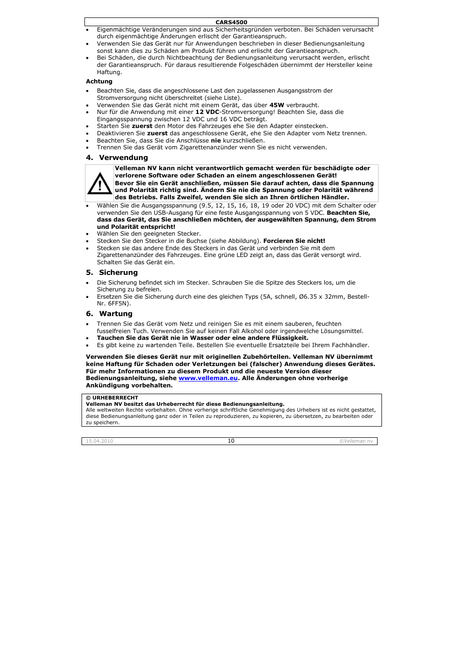 Velleman CARS4500 User Manual | Page 10 / 12