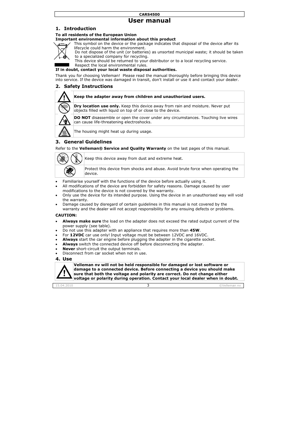 User m, Anual | Velleman CARS4500 User Manual | Page 3 / 12