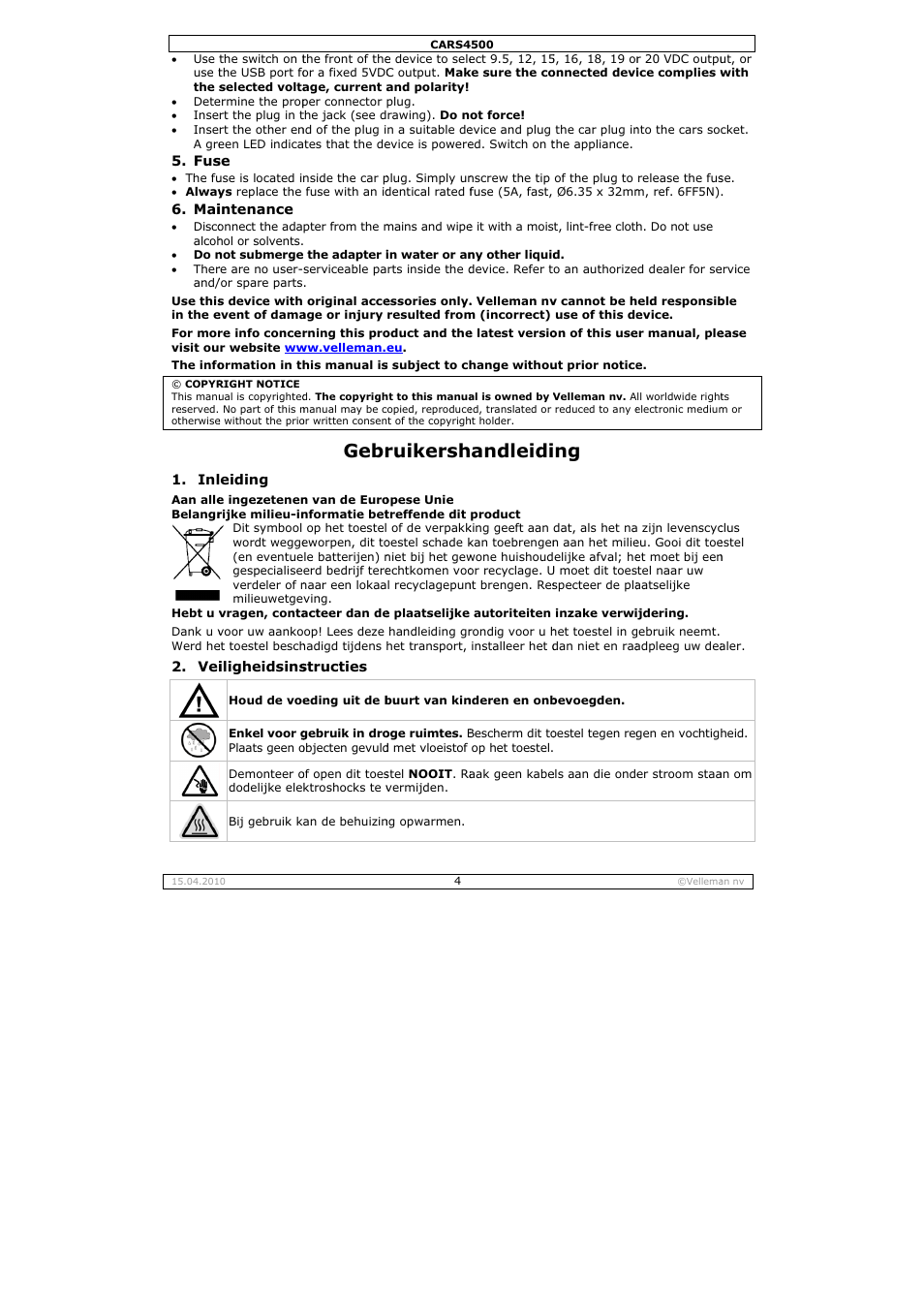 Gebr, Ruikersh, Andleidi | Velleman CARS4500 User Manual | Page 4 / 12