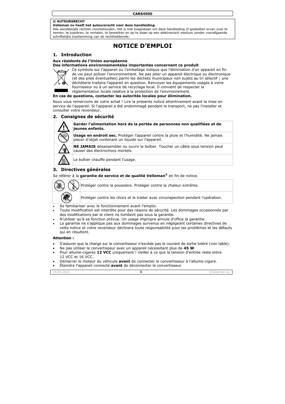 Otice d, Emploi | Velleman CARS4500 User Manual | Page 6 / 12