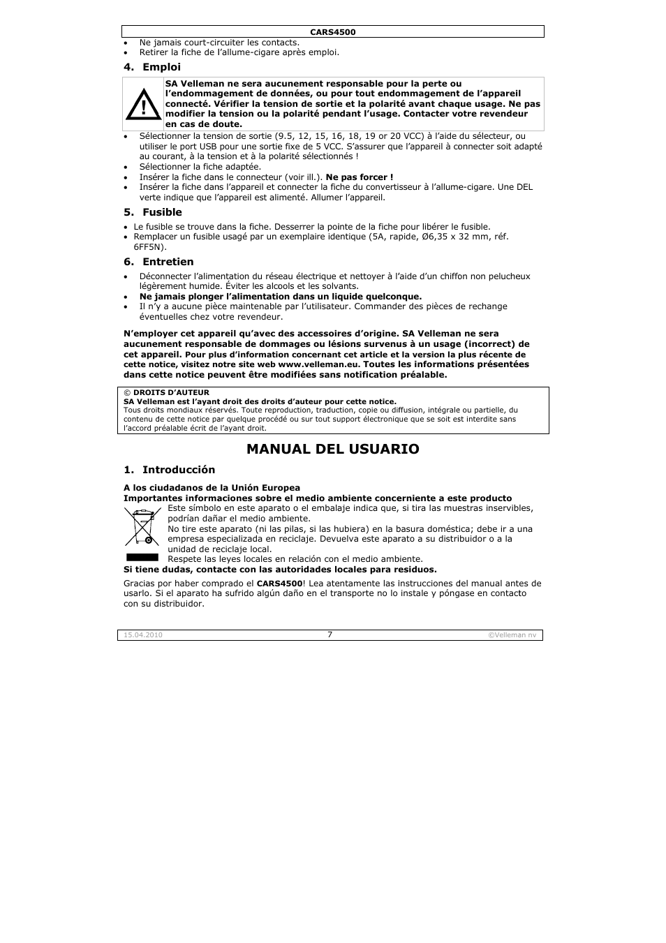 Nual del, L usuar | Velleman CARS4500 User Manual | Page 7 / 12