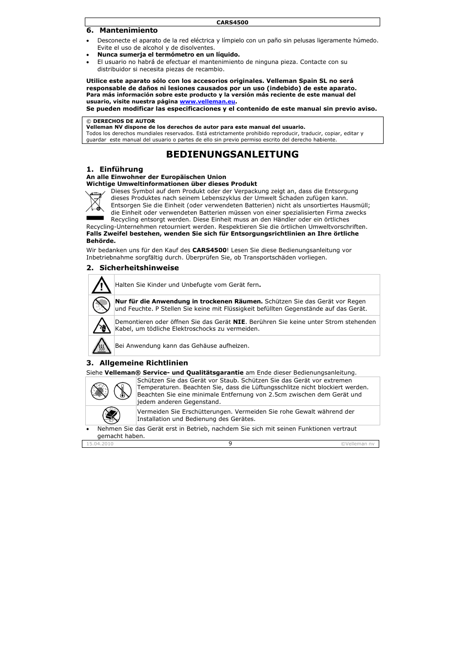 Bedie, Enungs, Anleitu | Velleman CARS4500 User Manual | Page 9 / 12