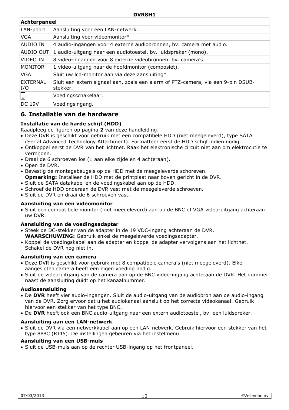 Installatie van de hardware | Velleman DVR8H1 Quick Installation Guide User Manual | Page 12 / 41