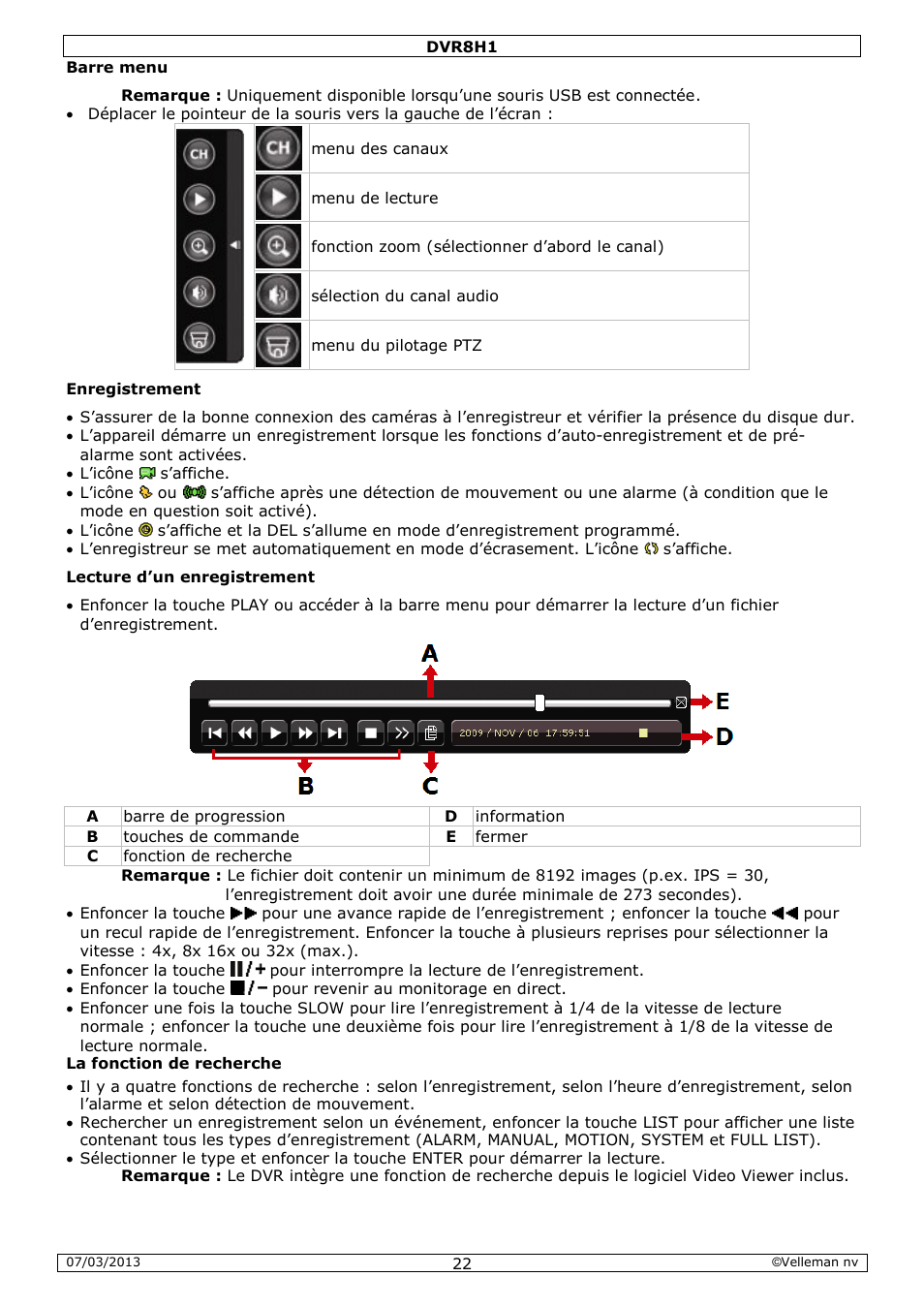 Velleman DVR8H1 Quick Installation Guide User Manual | Page 22 / 41