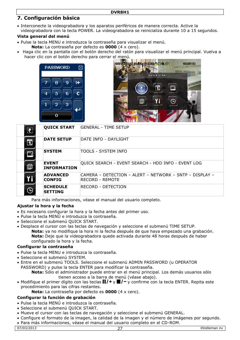 Configuración básica | Velleman DVR8H1 Quick Installation Guide User Manual | Page 27 / 41