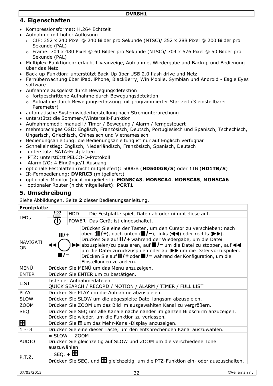 Eigenschaften, Umschreibung | Velleman DVR8H1 Quick Installation Guide User Manual | Page 32 / 41