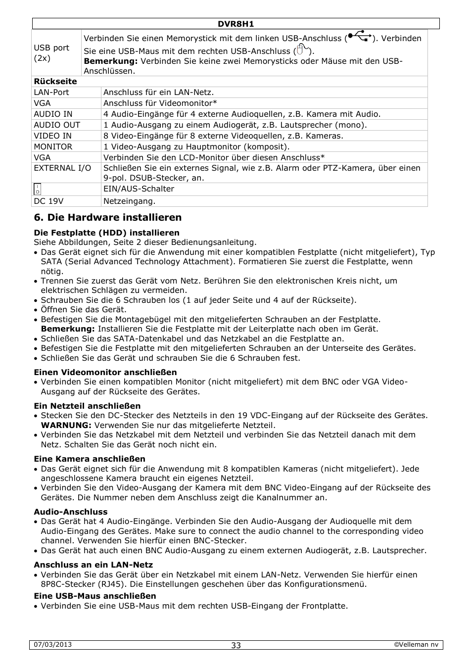 Die hardware installieren | Velleman DVR8H1 Quick Installation Guide User Manual | Page 33 / 41