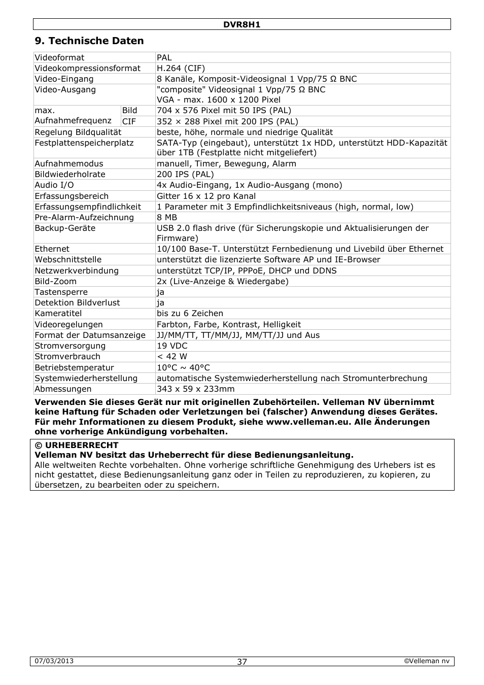Technische daten | Velleman DVR8H1 Quick Installation Guide User Manual | Page 37 / 41