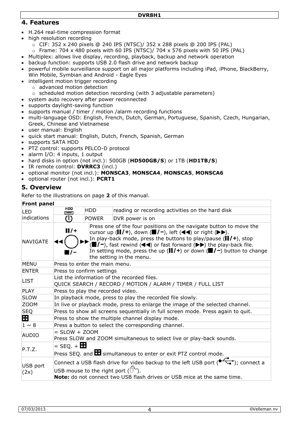 Features, Overview | Velleman DVR8H1 Quick Installation Guide User Manual | Page 4 / 41