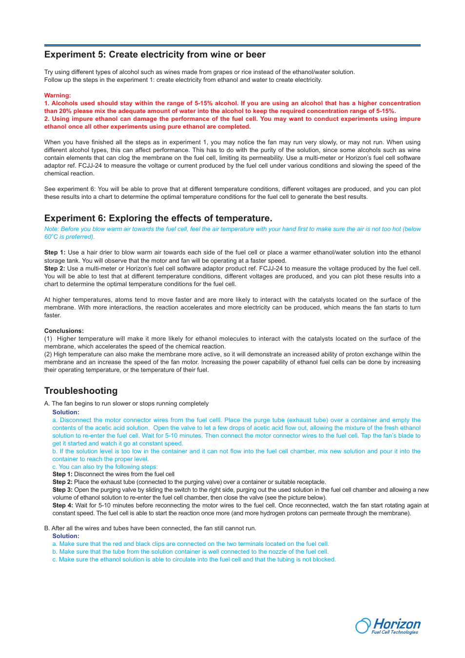Troubleshooting, Experiment 5: create electricity from wine or beer, Experiment 6: exploring the effects of temperature | Velleman KNS13 User Manual | Page 4 / 4