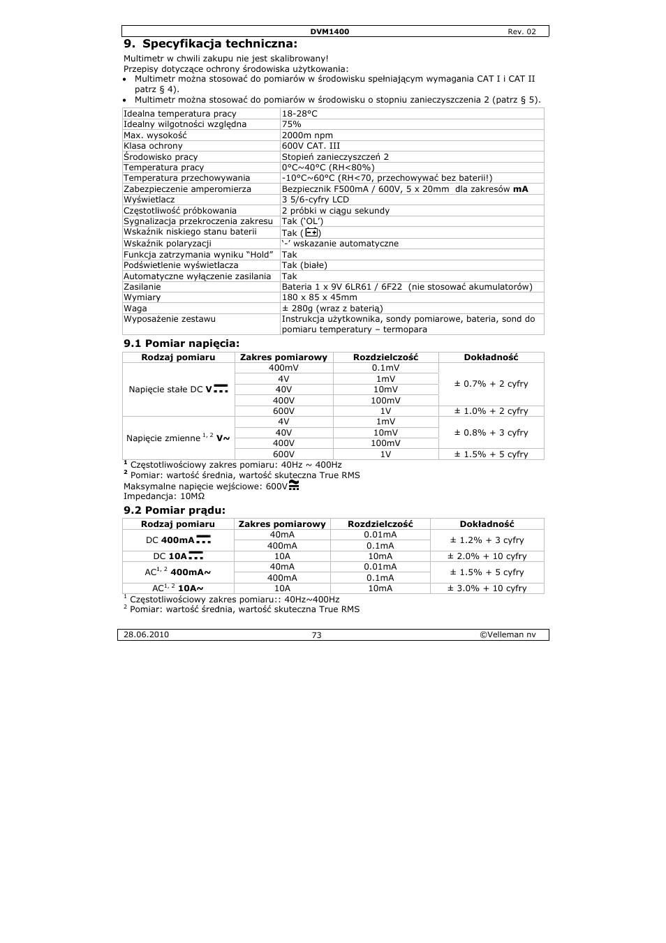 Ecyfikacja, A technicz | Velleman DVM1400 User Manual | Page 73 / 77