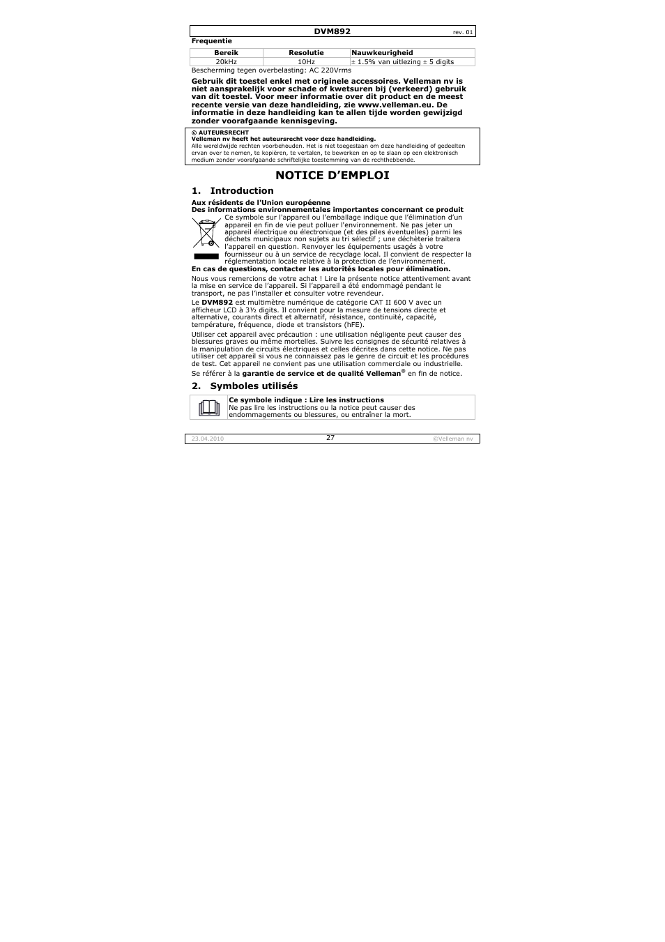 Otice d’e, Emploi | Velleman DVM892 User Manual | Page 27 / 68