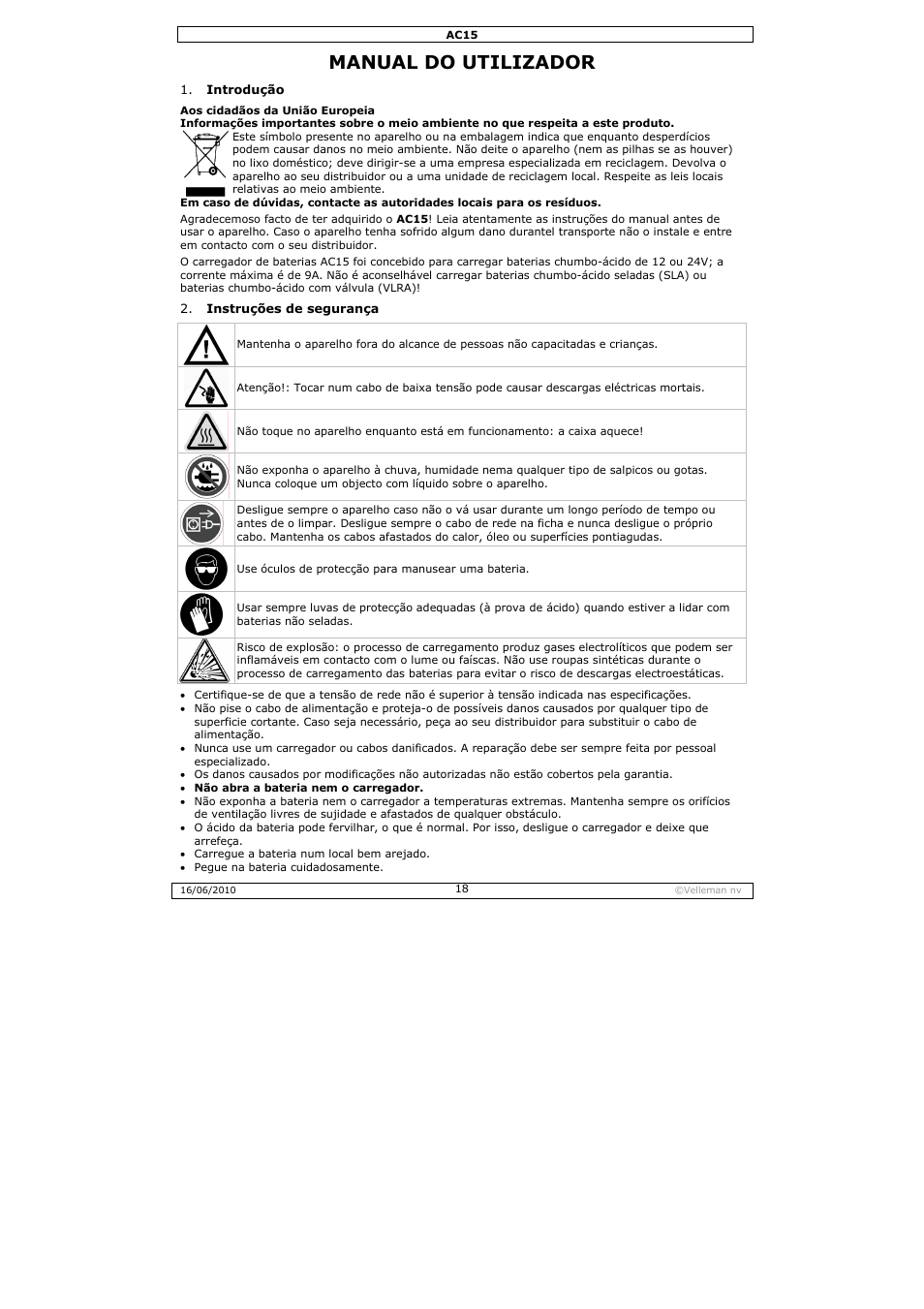 Manual do utilizador | Velleman AC15 User Manual | Page 18 / 23