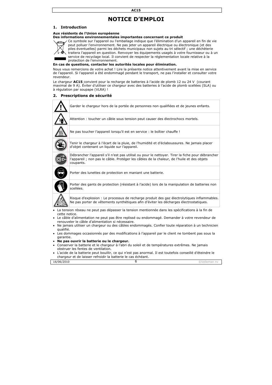 Notice d’emploi | Velleman AC15 User Manual | Page 6 / 23