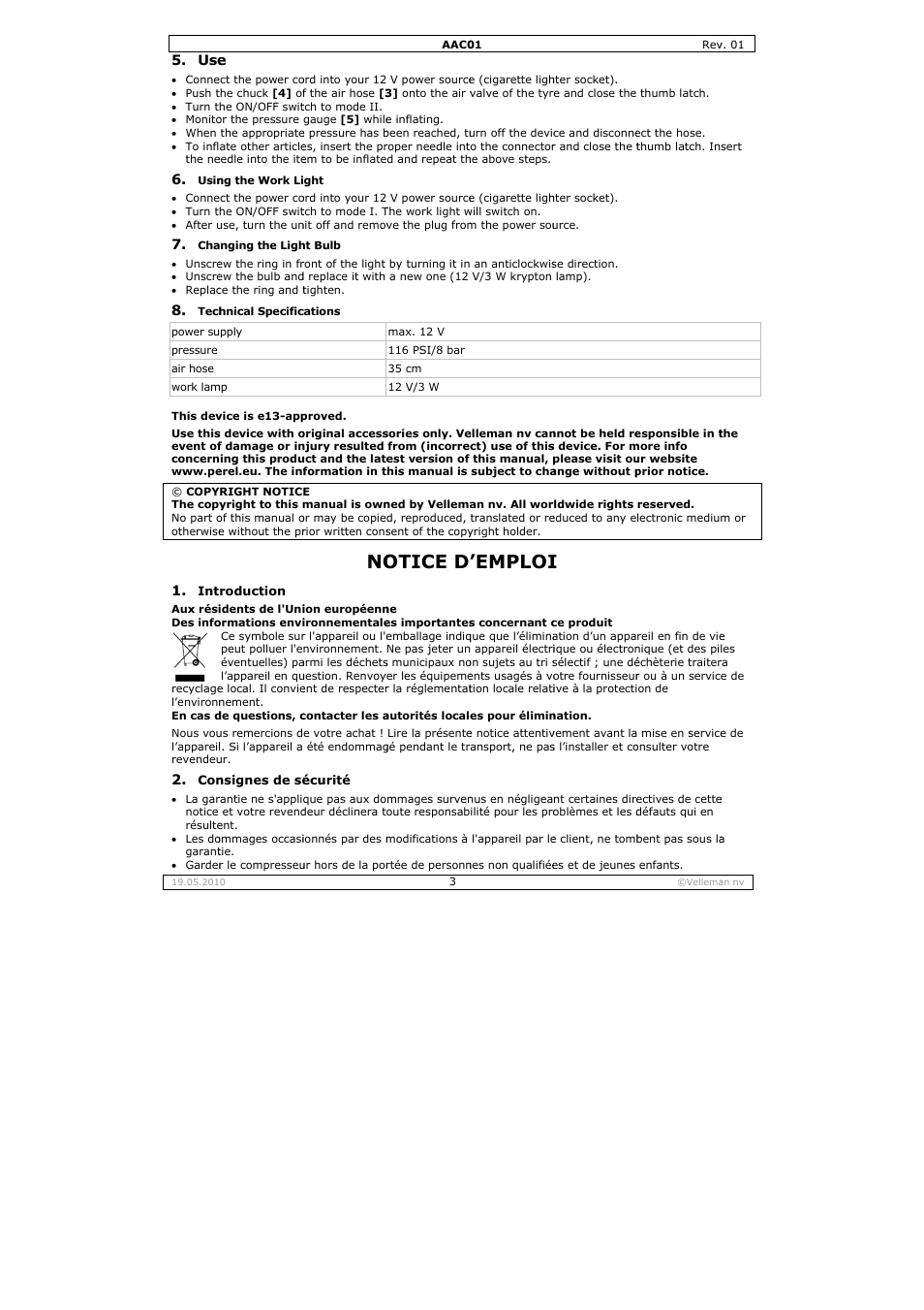 Otice d, Emploi | Velleman AAC01 User Manual | Page 3 / 12