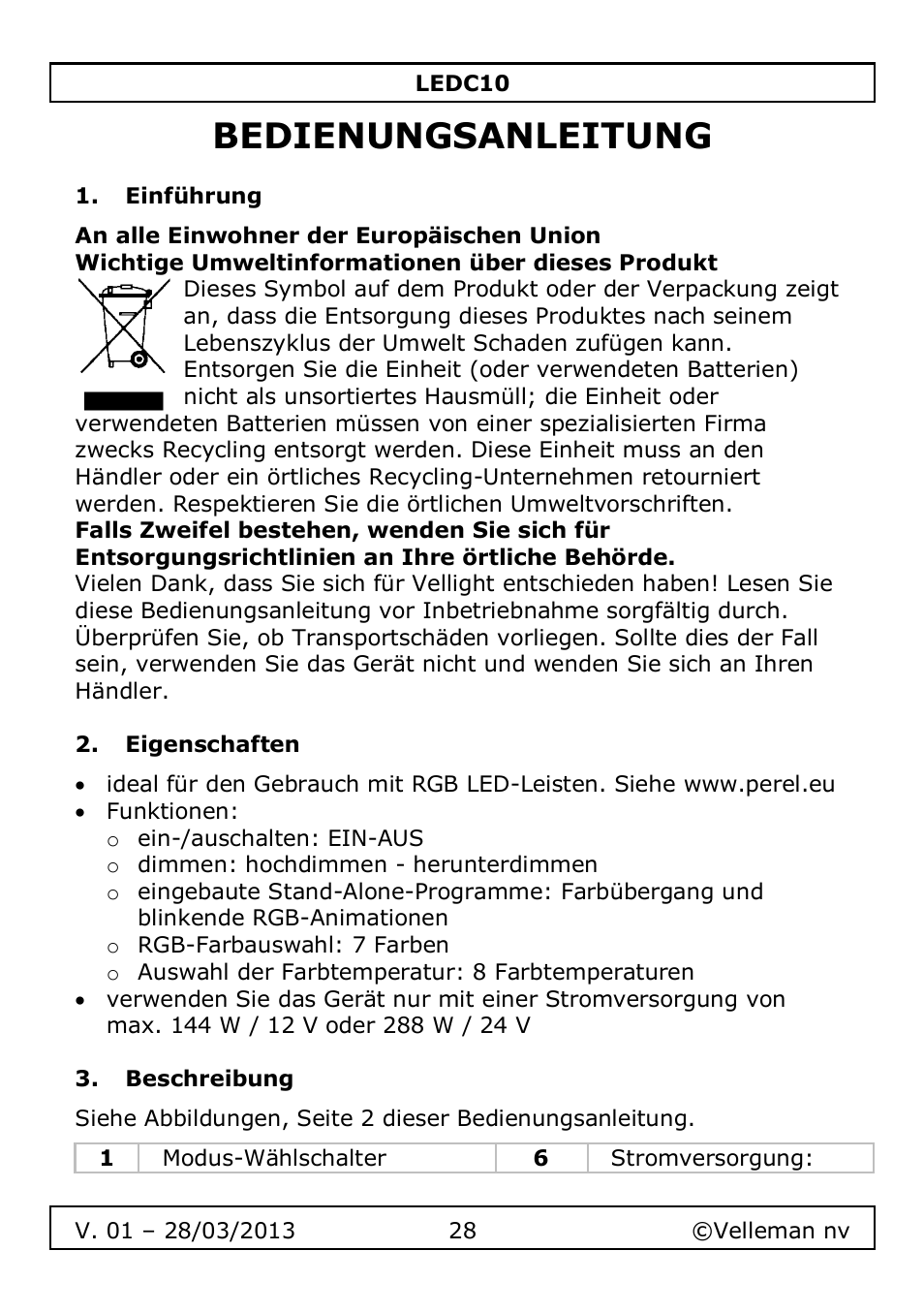 Bedienungsanleitung, Einführung, Eigenschaften | Beschreibung | Velleman LEDC10 User Manual | Page 28 / 54