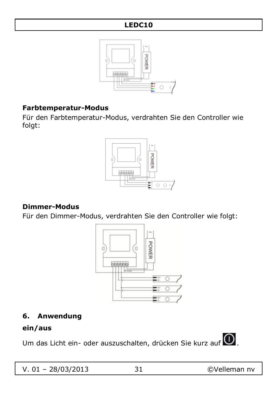 Farbtemperatur-modus, Dimmer-modus, Anwendung | Ein/aus | Velleman LEDC10 User Manual | Page 31 / 54